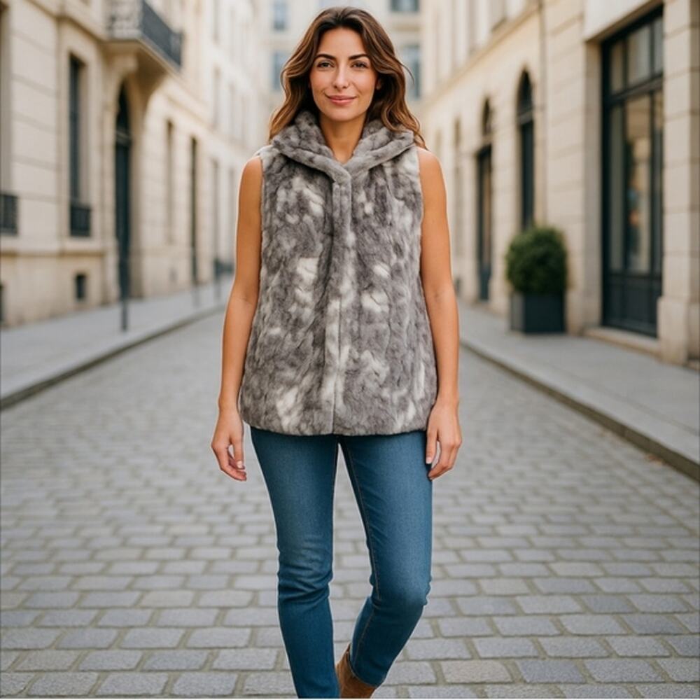 Dennis Basso Faux Fur Sleeveless Hooded Vest Snow Leopard Size M